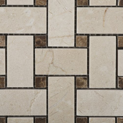Crema Marfil Polished Basketweave Mosaic Tile w/ Emperador Dark Dots - Lot of 50 sq. ft. - Tilefornia
