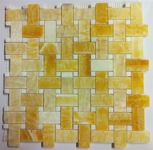 Honey Onyx Polished Basketweave with White Marble Insert Dot - 6" x 6" Sample - Tilefornia