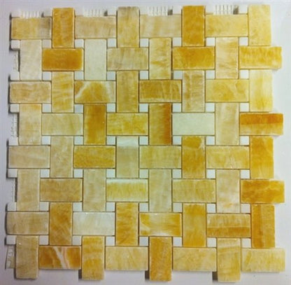Honey Onyx Polished Basketweave with White Marble Insert Dot - 6" x 6" Sample - Tilefornia