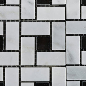 Bianco Carrara White Marble Polished Pinwheel Mosaic Tile with Black Dots - Box of 5 sq. ft. - Tilefornia