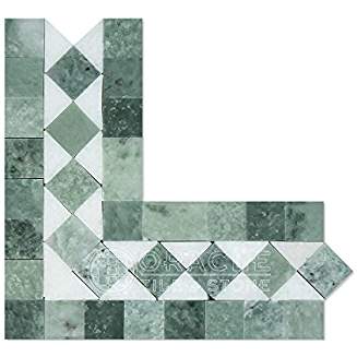 Thassos White Greek Marble BIAS Corner Border / Listello with Ming Green Dots, Polished - Tilefornia