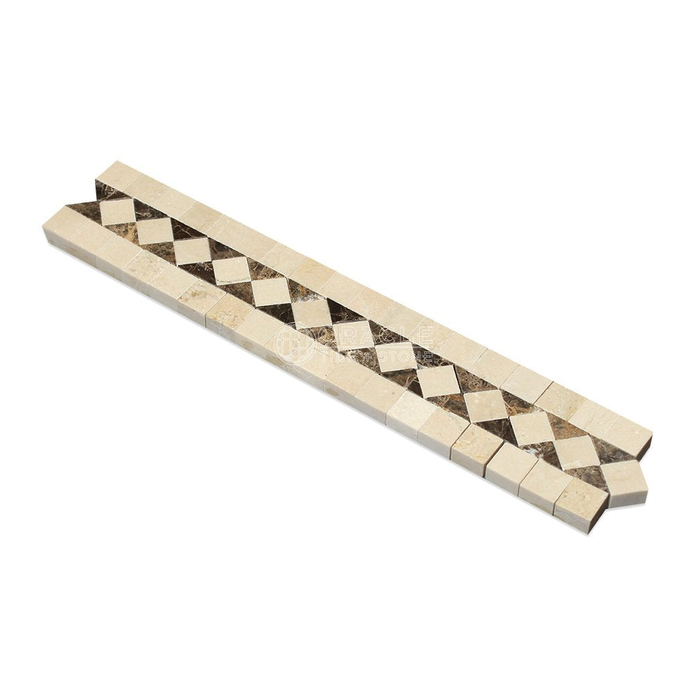 Crema Marfil Spanish Marble BIAS Border with Emperador Dark Marble Dots, Polished - Tilefornia