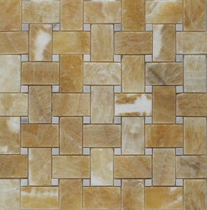Honey Onyx Basketweave Mosaic Tile with White Marble Dots, Polished - Tilefornia