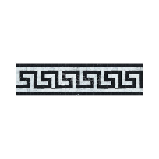 Carrara White Italian (Bianco Carrara) Marble Greek Key Border (with Black Marble, Honed) - Tilefornia