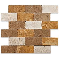 Mixed (IVORY-NOCE-GOLD) 2X4 Travertine Split-Faced Mosaic Tile - Tilefornia