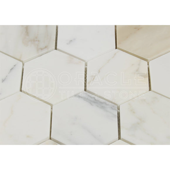 Calacatta Gold (Italian Calcutta) Marble 3 inch Hexagon Mosaic Tile, Honed - Tilefornia