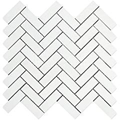 White Thassos Marble Herringbone Mosaic Tile 1x3, Honed