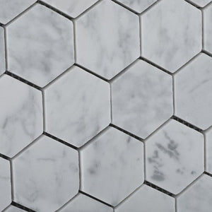 Bianco Carrara White Marble Polished 2" Hexagon Mosaic Tile - 6" X 6" Sample - Tilefornia