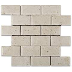 Ivory Travertine 2 X 4 Honed & Beveled Brick Mosaic Tile - 6" X 6" Sample - Tilefornia