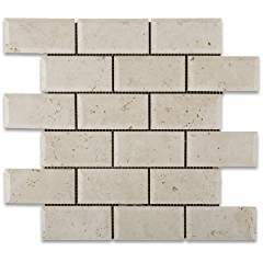 Ivory Travertine 2 X 4 Honed & Beveled Brick Mosaic Tile - 6