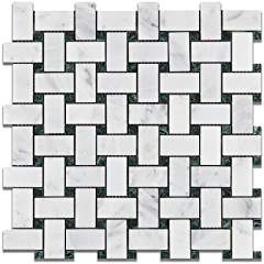 Oriental White - Eastern White Marble HONED Basketweave Mosaic Tile w/ Green Marble Dots - Lot of 50 Sheets - Tilefornia