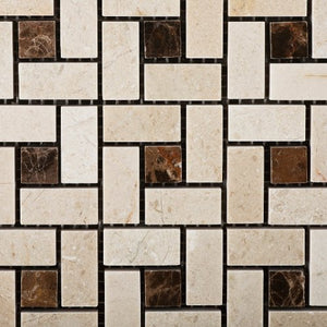 Crema Marfil Polished Pinwheel Mosaic w/ Emperador Dark Dots - Lot of 50 sq. ft. - Tilefornia