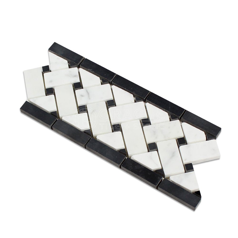 Carrara White Italian (Bianco Carrara) Marble Basketweave Border Mosaic Tile with Black Marble Dots, Honed - Tilefornia