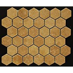 Noce 1 1/8 Tumbled Hexagonal Travertine Mosaic Tile - Tilefornia