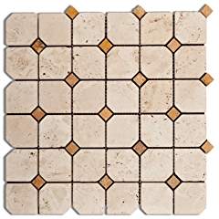 Ivory / Light Travertine Tumbled Octagonal Mosaic Tile w/ Gold Dots - Box of 5 Sheets - Tilefornia
