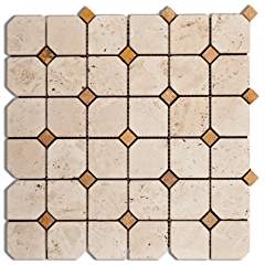 Ivory / Light Travertine Tumbled Octagonal Mosaic Tile w/ Gold Dots - 6