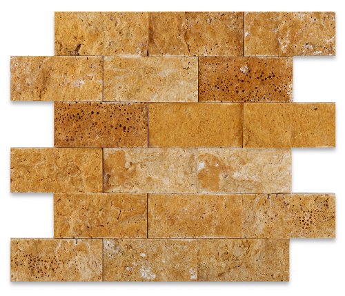 Gold/Yellow 2X4 Split-Faced Travertine Mosaic Tile - Tilefornia