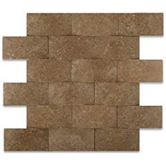 Noce Travertine 2 X 4 CNC Arched 3-D Brick Mosaic Tile - 6" X 6" Sample - Tilefornia
