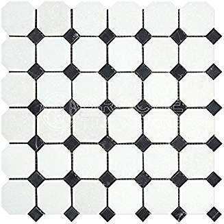 Thassos White Greek Marble Octagon Mosaic Tile with Black Marble Dots, Honed - Tilefornia
