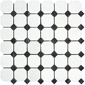 Thassos White Greek Marble Octagon Mosaic Tile with Black Marble Dots, Polished - Tilefornia