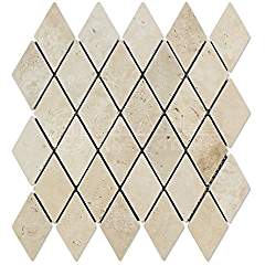 Ivory (Light) Travertine 2 X 4 Diamond (Rhomboid) Mosaic Tile, Tumbled - Tilefornia