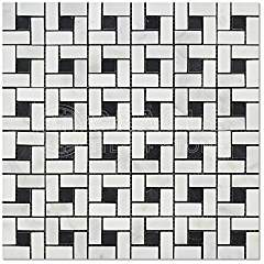 Oriental White (Eastern White) Marble Pinwheel Mosaic Tile with Black, Polished - Tilefornia