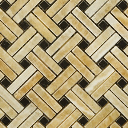 Honey Onyx Polished Stanza Basketweave Mosaic w/ Black Dots - Lot of 50 sq. ft. - Tilefornia