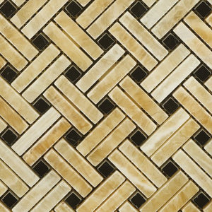 Honey Onyx Stanza Basketweave Mosaic with Black Dots, Polished - 6" X 6" Sample - Tilefornia