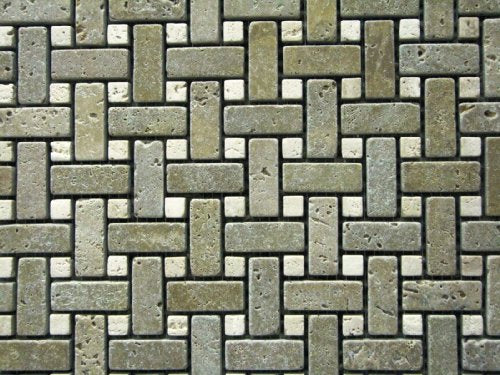 Cross Basketweave TUMBLE Noce Noche Travertine With Beige Travertine Dot Mosaics Meshed on 12x12 Sheet Tiles for Kitchen Backsplash, Shower Walls, Bathroom Floors - Tilefornia
