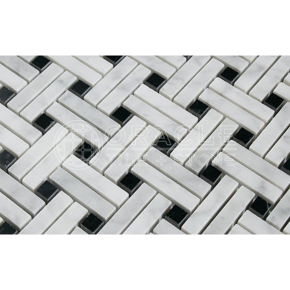Carrara White Italian (Bianco Carrara) Marble Stanza Mosaic Tile (Black Marble Dots, Honed) - Tilefornia