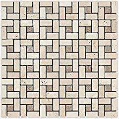 Ivory (Light) Pinwheel Mosaic Tile with Noce Travertine Dots, Tumbled (Large Pinwheel) - Tilefornia