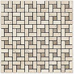 Ivory (Light) Pinwheel Mosaic Tile with Noce Travertine Dots, Tumbled (Mini Pinwheel) - Tilefornia