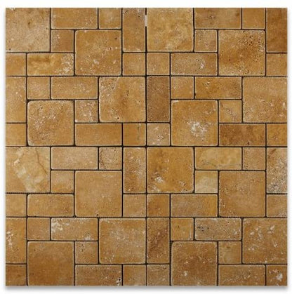 Gold / Yellow Travertine Tumbled 3-Piece Mini Pattern Mosaic Tile - Box of 5 sq. ft. - Tilefornia
