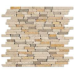 Mixed Travertine Random Strip Mosaic Tile, Tumbled - 6" X 6" Sample - Tilefornia