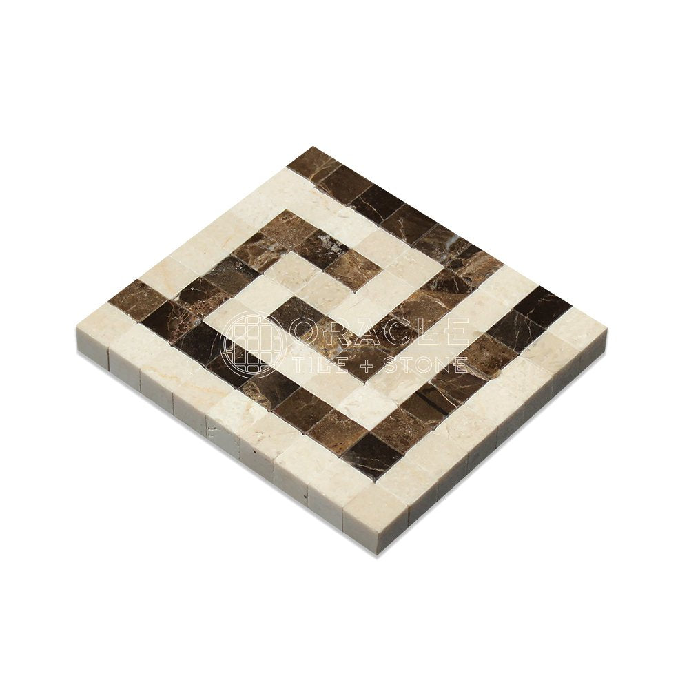 Crema Marfil Spanish Marble Greek Key Border Corner with Emperador Dark Marble, Polished - Tilefornia