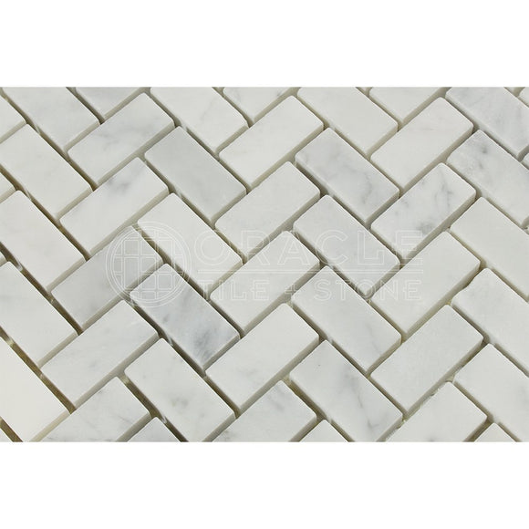 Carrara White Italian (Bianco Carrara) Marble Mini-Herringbone Mosaic Tile, Honed - Tilefornia