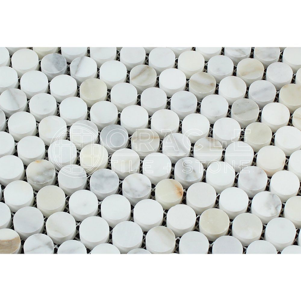 Calacatta Gold (Italian Calcutta) Marble Penny Round Mosaic Tile, Honed - Tilefornia