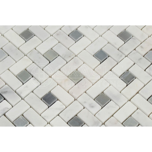 Carrara White Italian (Bianco Carrara) Marble Pinwheel Mosaic Tile with Blue & Gray, Honed - Tilefornia