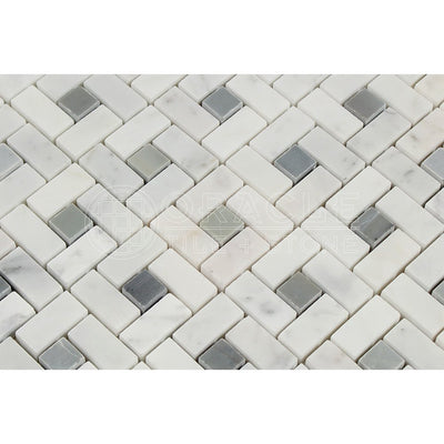 White Carrara Marble Pinwheel Mosaic Tile with Blue & Gray, Polished