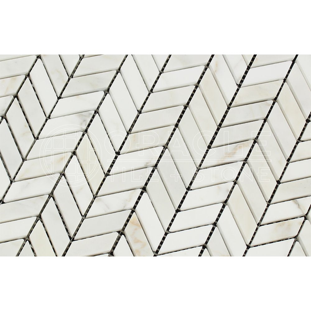 Calacatta Gold (Italian Calacutta) Marble Mini Chevron Mosaic Tile with Calacatta Gold Marble Strips, Honed - Tilefornia