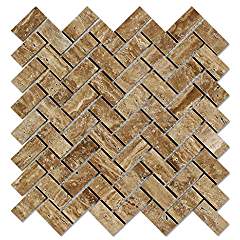 Noce Vein-Cut Travertine Herringbone (1 X 2) Mosaic Tile, Polished (LOT of 5 SHEETS) - Tilefornia