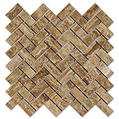Noce Vein-Cut Travertine Herringbone (1 X 2) Mosaic Tile, Polished (LOT of 50 SHEETS) - Tilefornia