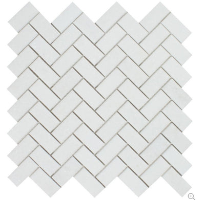 White Thassos Marble Herringbone Mosaic Tile 1x2, Honed