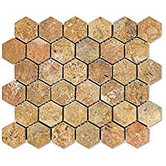 Scabos Travertine 2" Hexagon Mosaic Tile, Tumbled - 6 X 6 Sample - Tilefornia