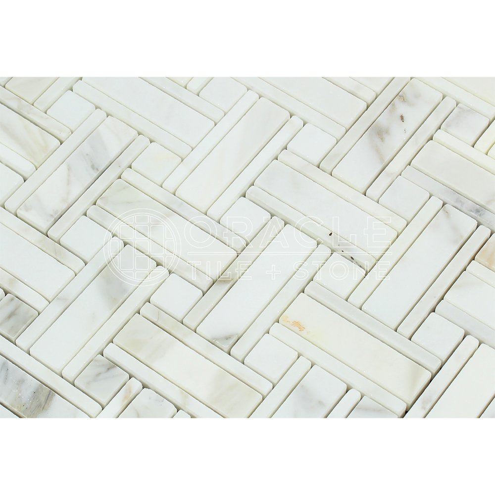 Calacatta Gold (Italian Calcutta) Marble Triple-Weave Mosaic Tile (with Calacatta Gold Marble Dots, Honed) - Tilefornia