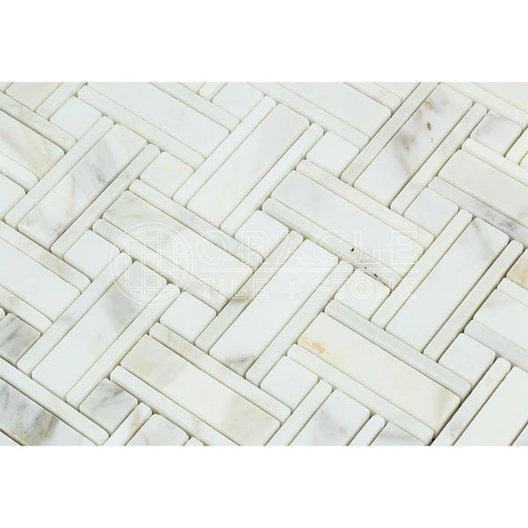 Calacatta Gold (Italian Calcutta) Marble Triple-Weave Mosaic Tile (with Calacatta Gold Marble Dots, Polished) - Tilefornia
