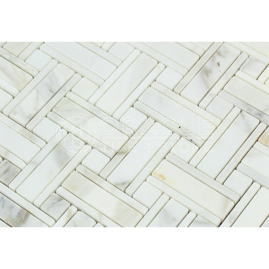 Calacatta Gold (Italian Calcutta) Marble Triple-Weave Mosaic Tile (with Ming Green Marble Dots, Honed) - Tilefornia
