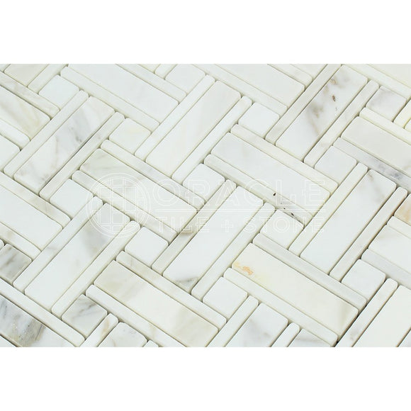 Calacatta Gold (Italian Calcutta) Marble Triple-Weave Mosaic Tile (with Ming Green Marble Dots, Polished) - Tilefornia