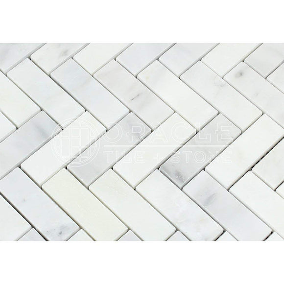 Carrara White Italian (Bianco Carrara) Marble 1 X 3 Herringbone Mosaic Tile, Polished - Tilefornia
