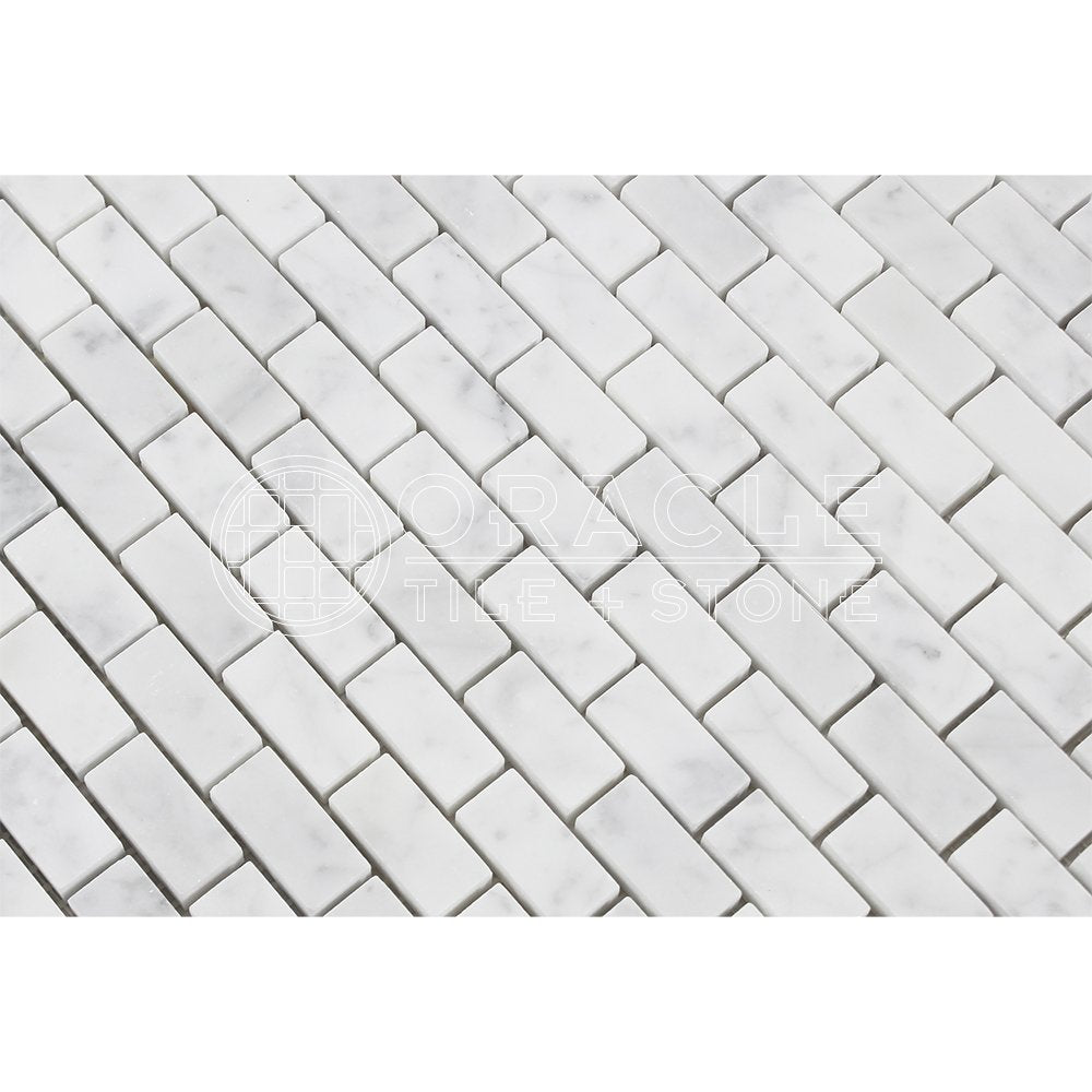Carrara White Italian (Bianco Carrara) Marble Mini Brick Mosaic Tile, Polished - Tilefornia